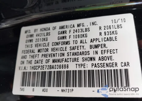 2011 Honda Accord Ex z USA, uszkodzony, nr VIN 1HGCP2E72BA036698